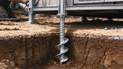 ground screw container foundation close up